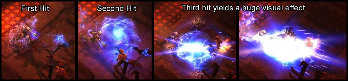 Compilation image showing the three hits of Hands of Lightning, with the big blast on the final hit.